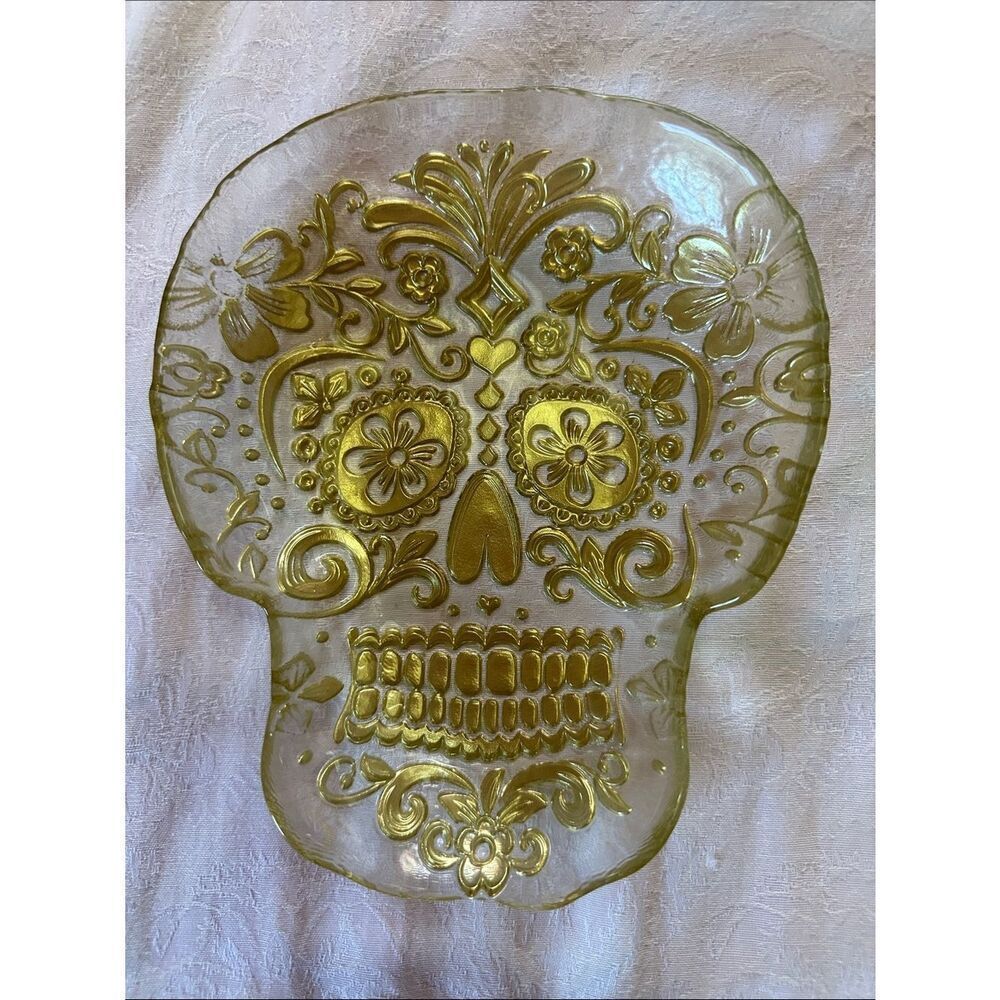 Sugar Skull Art Dish Gold Decorative Glass Serveware